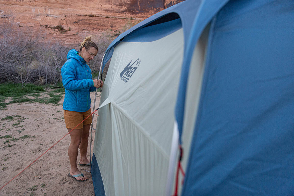 REI Co-op Skyward 4 camping tent (setting up with guylines)